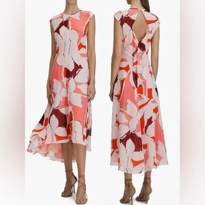 NEW Reiss Chiffon Becci Floral chiffon High-Low Midi open Back Dress Sz 2